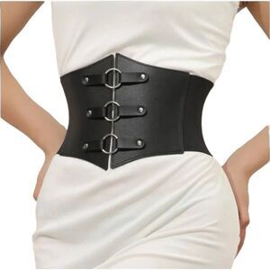 Black Triple Silver Buckle Under Bust Wide Corset Belt NEW